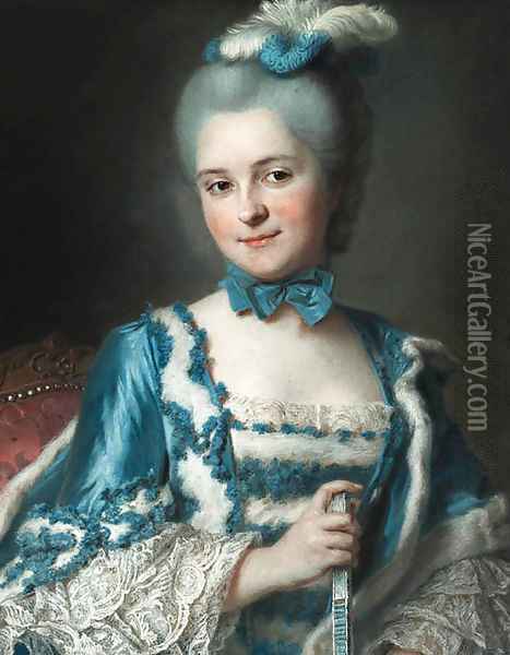 Portrait of Madame Cailloux bust-length, wearing a blue dress and holding a fan, seated on a Louis XV chair Oil Painting - Maurice Quentin de La Tour