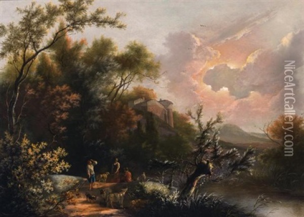 An Italianate Landscape With Shepherds Stopping To Rest On A Road Oil Painting - Jan Snellinck III