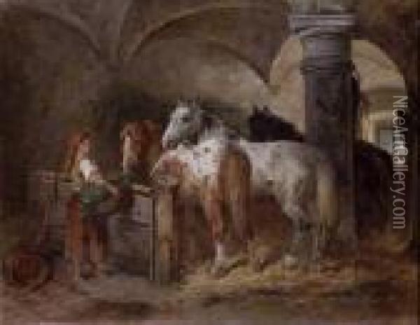 Im Pferdestall. Oil Painting - Adolf van der Venne