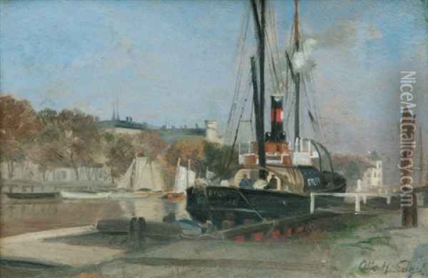 The Steamship Rugen In The Port Of Wismar Oil Painting - Otto Heinrich Engel