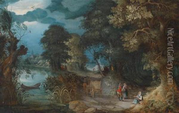 Wooded Landscape With A Barge On A River Oil Painting - Abraham Govaerts