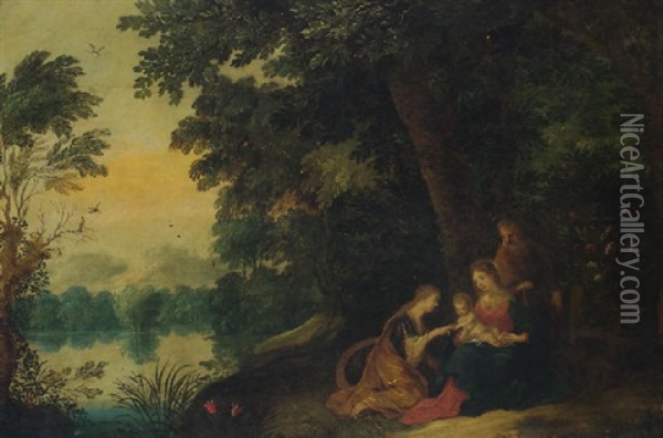 The Mystic Marriage Of Saint Catherine In A Wooded Landscape Oil Painting - Peeter Van Avont