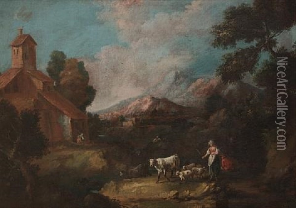 Shepherds And Shepherdess Grazing Their Cattle Before A Mountainous Landscape (+ A Horseman, A Shepherdess Resting On A Rock And Other Figures With Ruins In The Distance; Pair) Oil Painting - Antonio Diziani