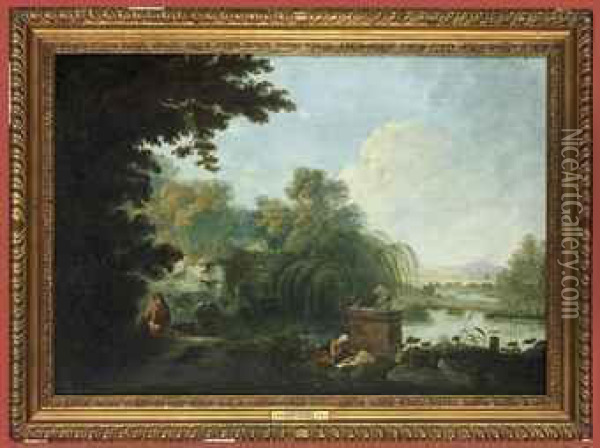 Solitude: A Wooded Landscape With Hermits Oil Painting - Richard Wilson
