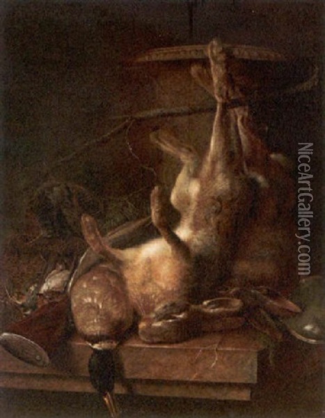 Jagdstilleben Mit Erlegtem Hasen. Ente Und Singvogeln Vor Einer Skulptierten Vase Oil Painting - Johannes Esman