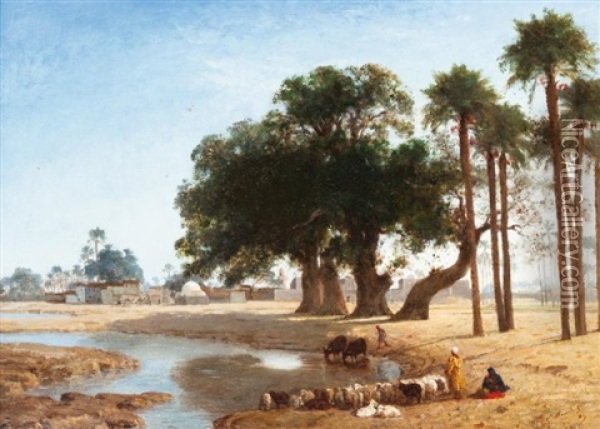Troupeaux Et Leurs Gardiens, Village Des Bords Du Nil Oil Painting - Louis Claude Mouchot