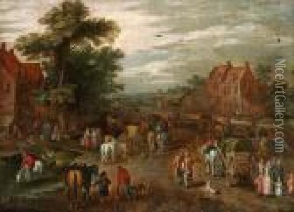 By Med Rikt Staffage Av Figurer, Hastar Och Vagnar Oil Painting - Jan Brueghel the Younger