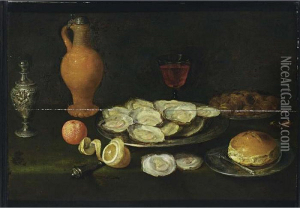 A Still Life With Oysters, 
Chestnuts, And A Roll Together With A Fork, All On Pewter Plates, A Half
 Peeled Lemon, A Bitter Orange, A Glass Of Wine, An Earthenware Jug With
 A Pewter Lid And Silver Pepperbox, All On A Table Draped With A Green 
Cloth Oil Painting - Jacob Fopsen van Es