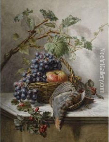 A Still Life With Fruit And A Bird Oil Painting - Hermina Van Der Haas