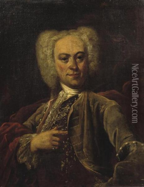 Portrait Of A Nobleman, Half-length, In A Purple Coat And White Jabot Oil Painting - Vittore Ghislandi