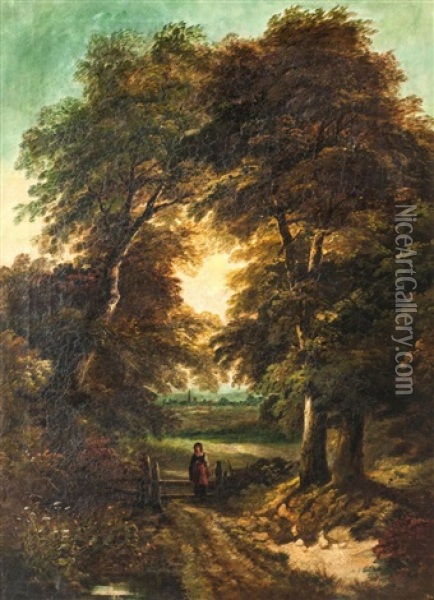 Woodland Path With A Young Woman Oil Painting - John Joseph (of Bath) Barker