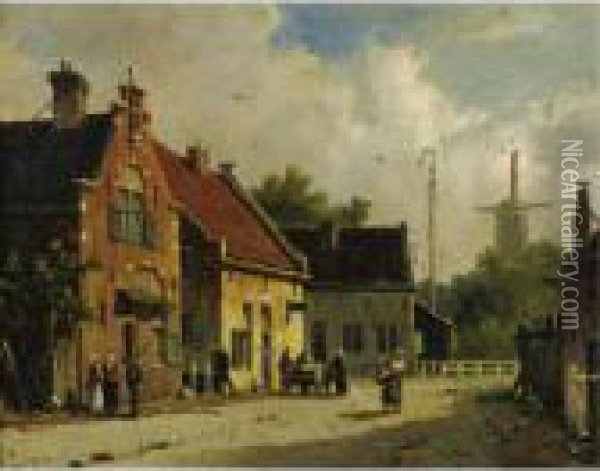 Village Street, Windmill In The Distance Oil Painting - Adrianus Eversen