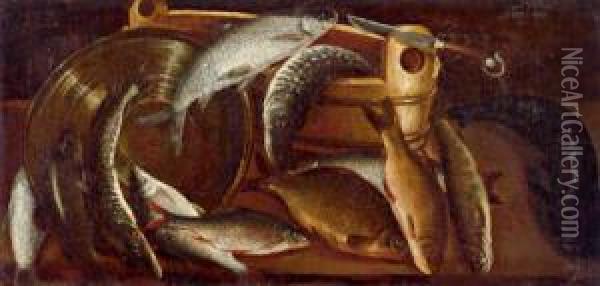 Fischstillleben Mit Gefasen Und Einem Messer Oil Painting - Sebastien Stoskopff