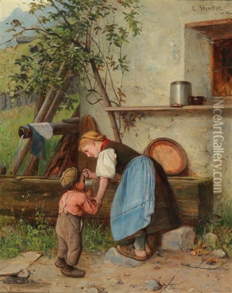 At The Well Oil Painting - Emil Strecker