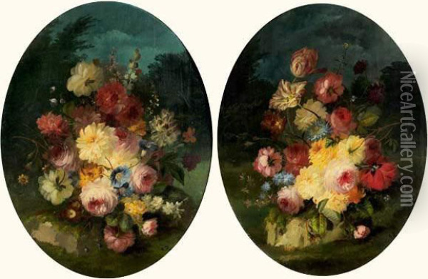 Fleurs
 Deux Huiles Sur Panneau De Forme Ovale, Signees En Bas A Droite. Oil Painting - Jules Edouard Diart