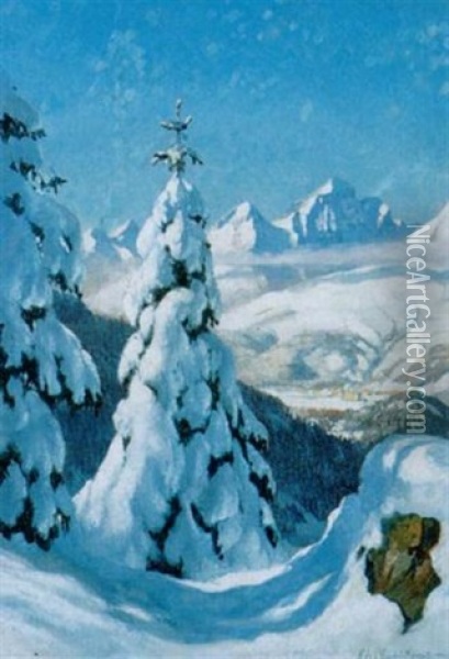 Winter Im Dolomitengebiet Mit Blick Auf Ein Dorf Oil Painting - Eduard Freiherr von Handel-Mazetti