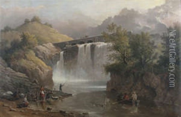 Irish River Landscape With Waterfall Oil Painting - Richard Brydges Beechey