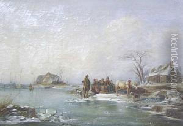 Winter Landscape With Figures By A Frozen Stream Oil Painting - Jan Jacob Coenraad Spohler