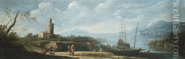 A River Estuary With Moored Shipping And Figures On The Shore In The Foreground Oil Painting - Jacob De Heusch