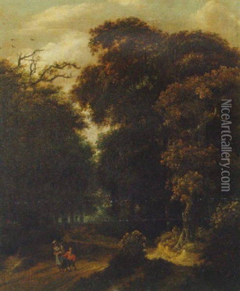 A Wooded Landscape With A Mother And Child On A Path Oil Painting - Salomon Rombouts