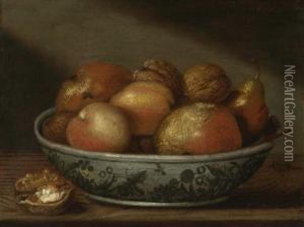 Pair Of Works. Fruits In A Bowl/still Life With Jug, Glass And Basket With Fruits. 1671. Oil Painting - Franz Rosel Von Rosenhof