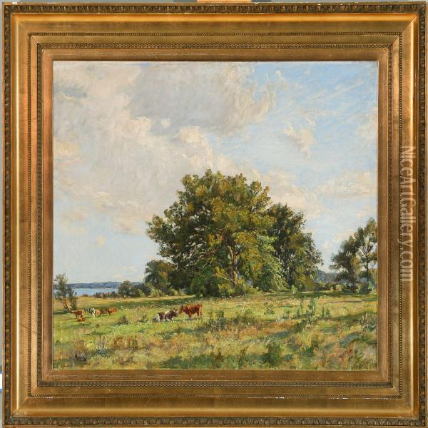 Grazing Cattle On A Field Oil Painting - Axel W. Larsen