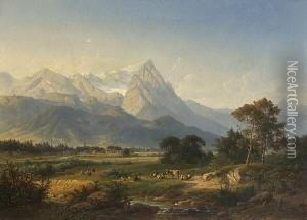 Blick Auf Partenkirchen Mit
 Zugspitze. Oil Painting - Johann Nepomuk Ott
