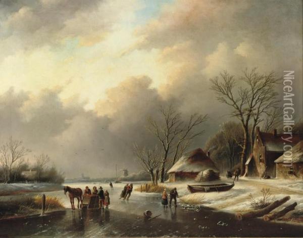 Icefishing On A Cold Winter's Day Oil Painting - Jan Jacob Coenraad Spohler