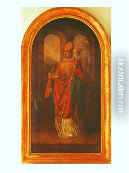 Bildnis Eines Bischofs Als Stifterfigur, Durch Attribut Der Domminiatur In Der Rechten Hand Gekennzeichnet Oil Painting - Josef Jaud