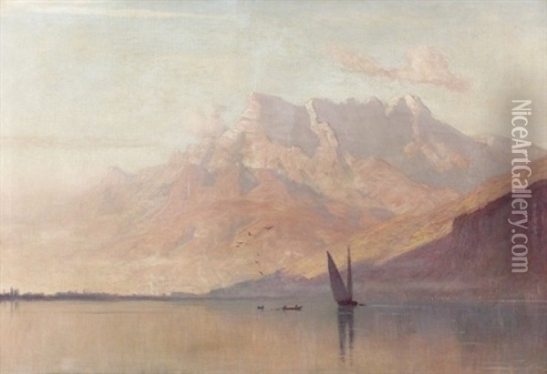 Lac Leman Avec Les Dents Du Midi Au Soir Oil Painting - Albert Henri John Gos
