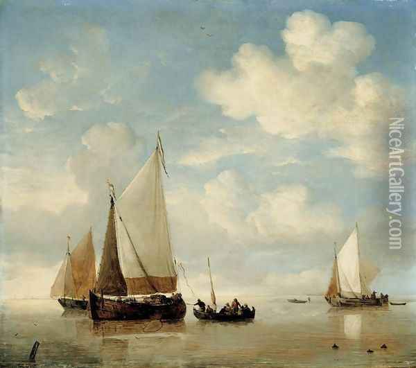Calm Dutch Smalschips And A Rowing Boat Oil Painting - Willem van de Velde the Younger