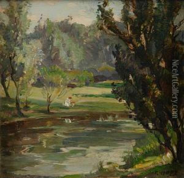 The Pond, Botantic Gardens Edinburgh Oil Painting - Robert Hope