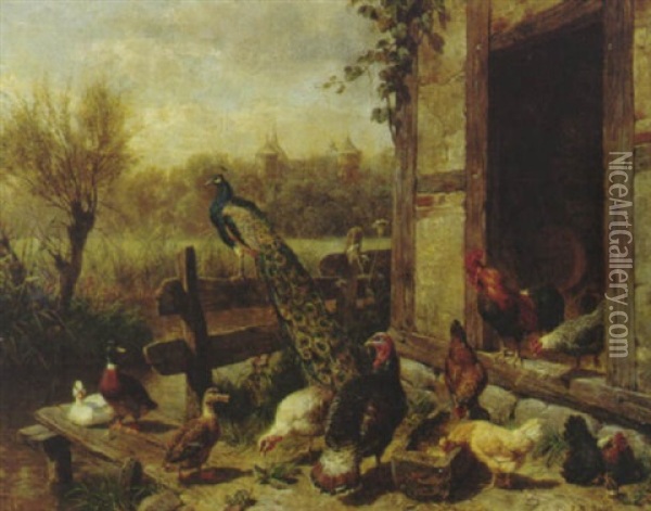 Geflugelhof, Im Hintergrund Eine Wiesenlandschaft Mit Einem Schlos Oil Painting - Carl Jutz the Elder