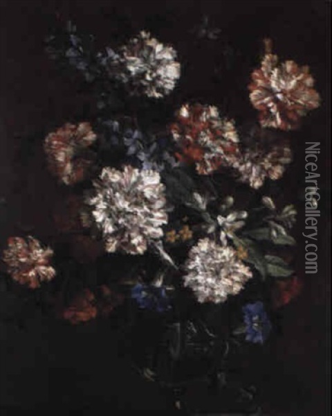 Bouquet De Fleurs Dans Un Vase En Verre Sur Un Entablement Oil Painting - Jean-Baptiste Monnoyer