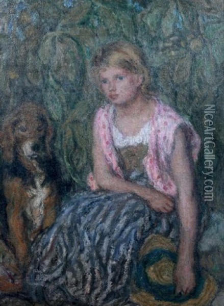 Jeune Fille Au Chapeau De Paille Et Son Chien Oil Painting - Edmond Francois Aman-Jean