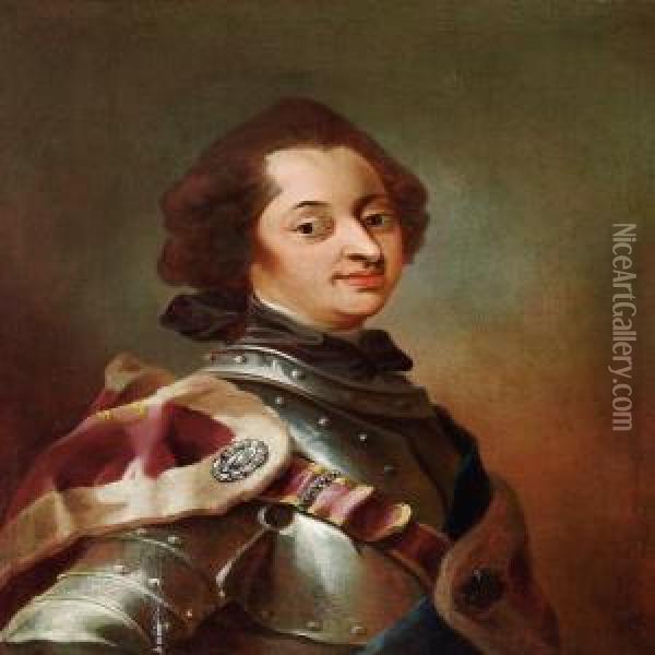 Portrait Of King Frederik V In Armour Oil Painting - Carl Gustav Pilo