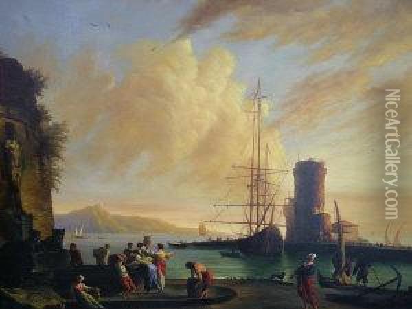 Figures In A Mediterranean Harbour At Sunset Oil Painting - Claude Lorrain (Gellee)