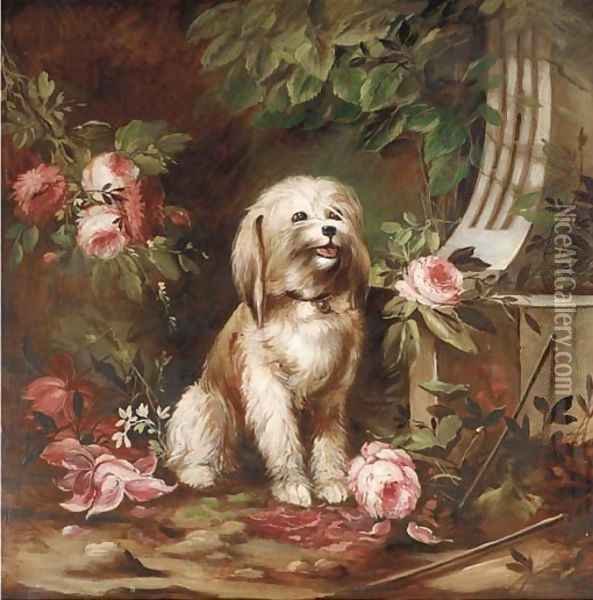 A terrier in a rose bower Oil Painting - French School