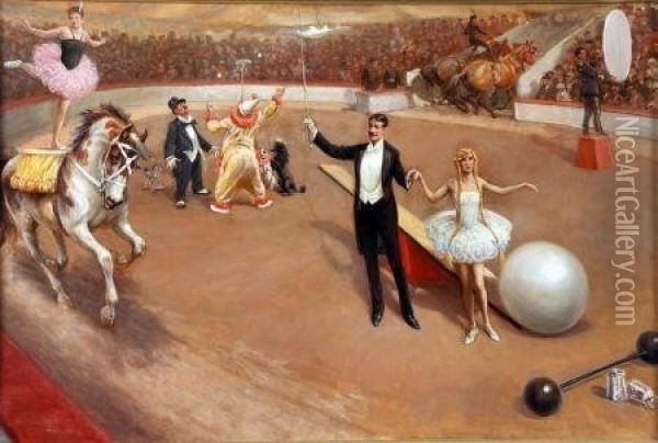 The Circus Ring With Clowns And Equestrian Acts Oil Painting - John Valentine