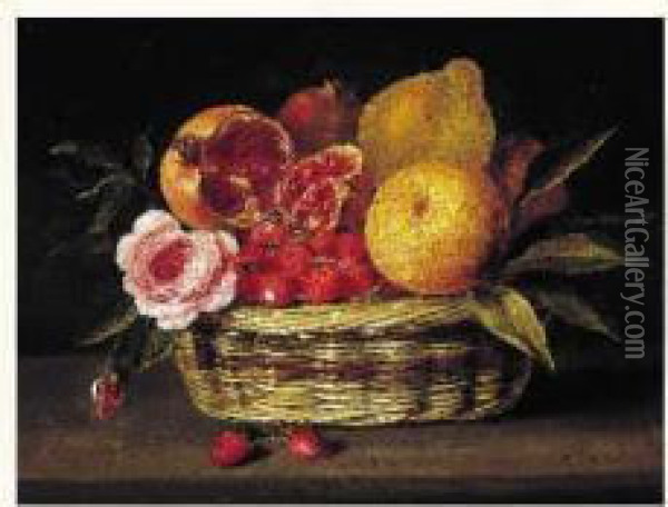 Nature Morte Aux Fraises, Citrons, Roses Et Grenades Dans Une
 Corbeille D'osier Sur Un Entablement Oil Painting - Jacques Linard
