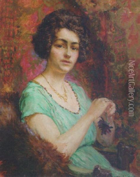 Portrait Of A Lady, Seated, In A Turquoise Dress Oil Painting - Arthur Midy