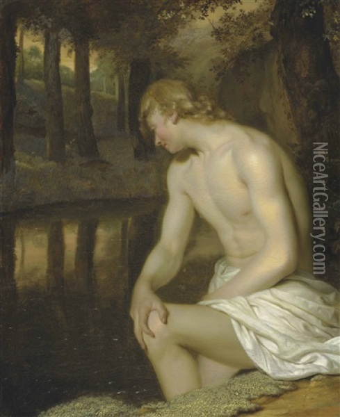 Narcissus Gazing At His Own Reflection Oil Painting - Godfried Schalcken