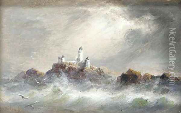 A Channel Island lighthouse, possibly La Corbiere Oil Painting - S.L. Kilpack