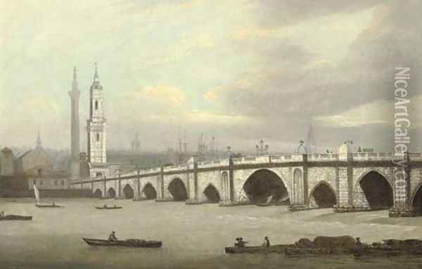View of London Bridge, with the church of St. Magnus and the Monument beyond Oil Painting - Joseph Farington