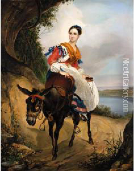 Portrait Of Olga Ferzen On A Donkey Oil Painting - Karl Brulloff