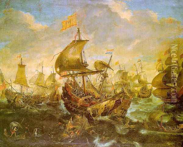 The Battle of the Spanish Fleet with Dutch Ships in May 1573 during the Siege of Haarlem Oil Painting - Andries Van Eertvelt