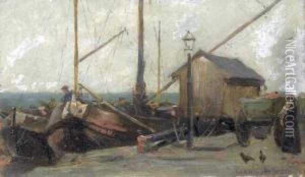 Hafenpartie Mit Booten Und Figurenstaffage. Oil Painting - William A. Breakspeare