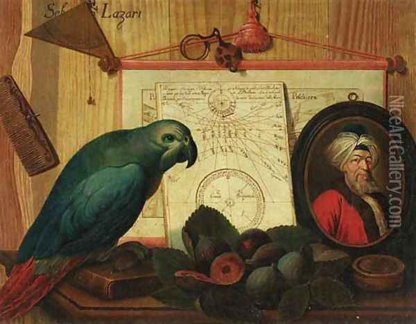 A trompe-l'oeil still life with a parrot on a book, figs, a portrait miniature of a turbaned man, a navigational chart, a comb and a magnifying glass Oil Painting - Sebastiano Lazzari