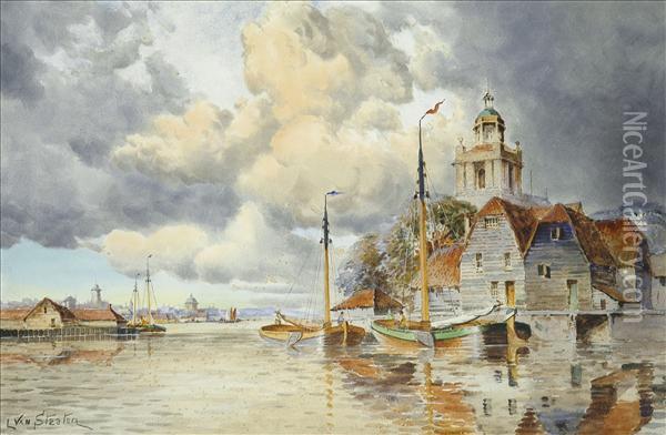 Louis Van Staaten Sailingbarges In An Estuary Oil Painting - Hermanus Jr. Koekkoek