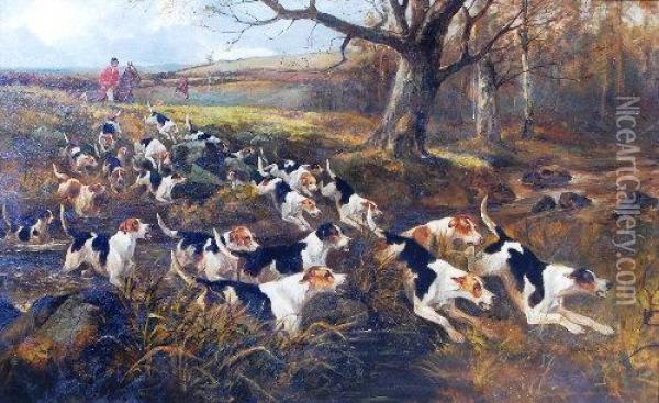 Hunting Scene With Pack Of Hounds In Pursuit Oil Painting - Arthur Alfred Davis